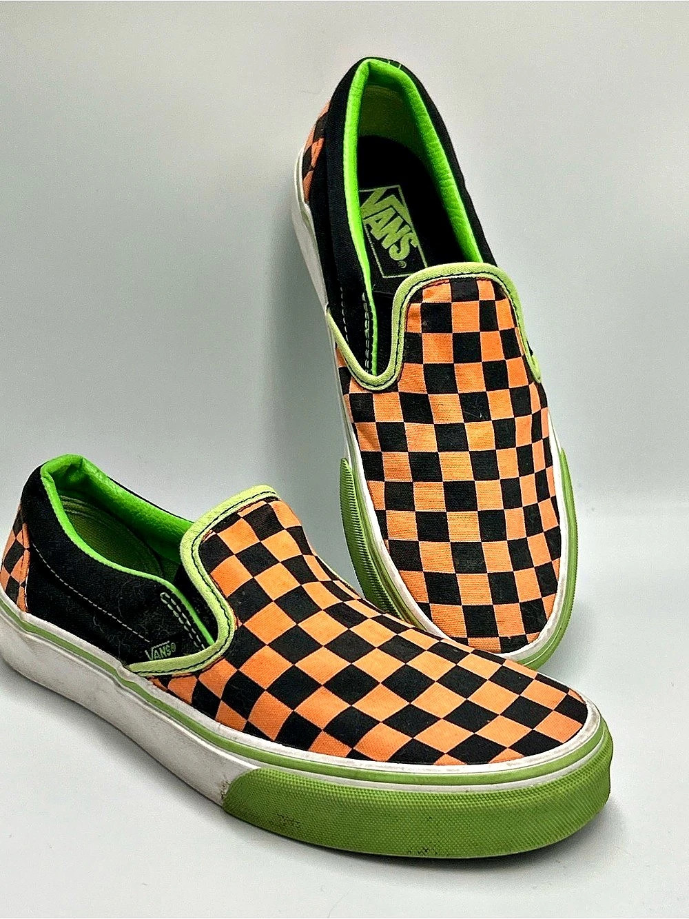 Vans Checkerboard Slip-On Sneakers Orange & Green Black US 6.5 Women’s 8